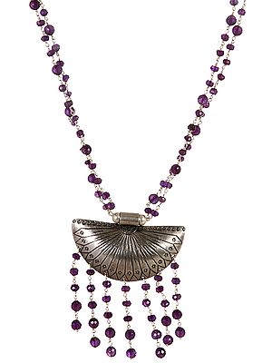 Faceted Amethyst Beaded Necklace with Shell Pendant