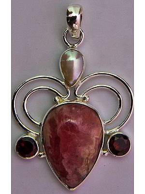 Rhodochrosite Pendant with Garnet and Pearl