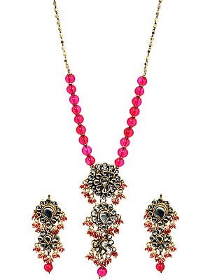 Fuchsia Red Beaded Necklace Set with Earrings