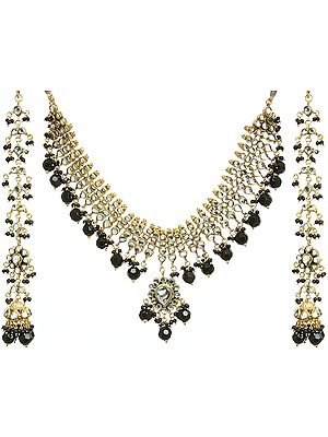 Jet Black Kundan Beaded Necklace Set with Earrings