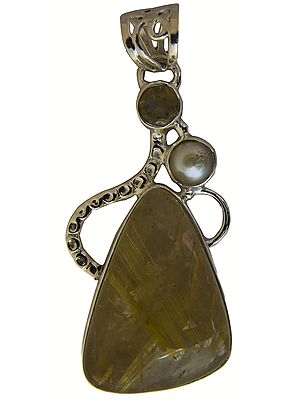 Rutilated Quartz Pendant with Pearl and Faceted Lemon Topaz