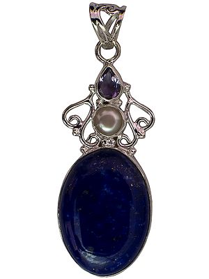 Lapis Lazuli Pendant with Pearl and Amethyst