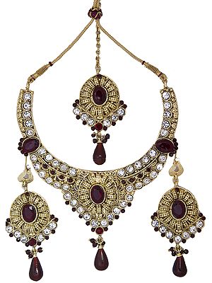 Gold Plated Necklace Set with Faux Garnet and Cut Glass