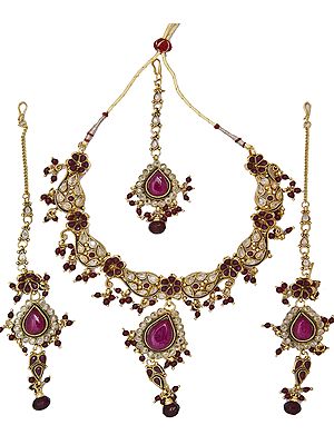 Polki Faux Ruby Necklace Set with Mang Tika