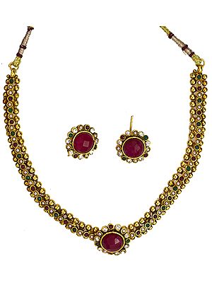 Faux Ruby, Emerald and Pearl Necklace with Earrings Set
