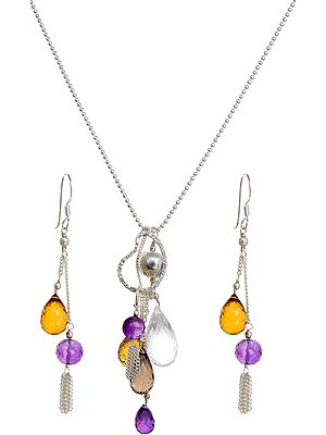 Faceted Gemstone Necklace and Earrings Set (Beer Lemon Topaz, Amethyst, Smoky Quartz and Crystal)