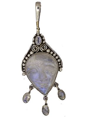 Rainbow Moonstone Carved Face Pendant