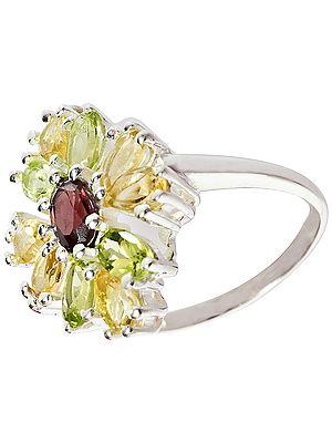 Faceted Lemon Topaz, Peridot and Garnet Ring