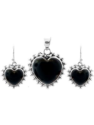 Black Onyx Heart-Shape Pendant and Earrings Set