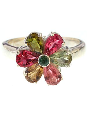 Faceted Green and Pink Tourmaline Flower Ring