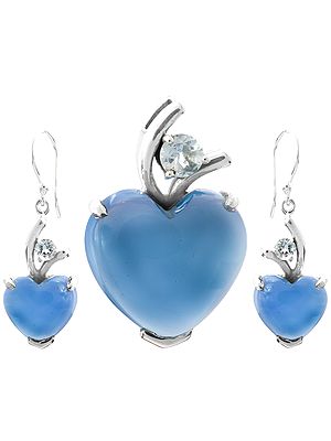 Blue Chalcedony and BT Heart-Shape Pendant and Matching Earrings Set