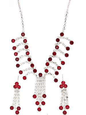 Garnet-Red Victorian Necklace and Earrings Set with Cut Glass