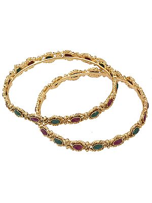 Set of Two Polki Bangles with Faux Ruby and Emerald