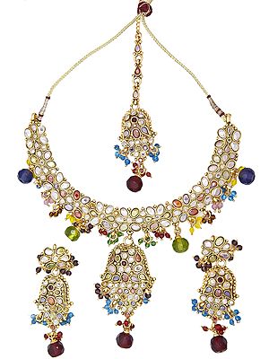 Multi-Color Polki Necklace Set With Mang Tika