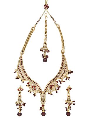 Garnet-Red  Polki Necklace Set with Mang Tika