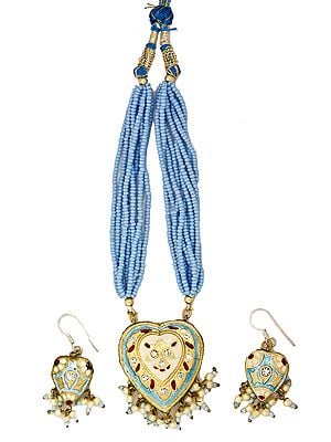 Meenakari Sky-Blue Beaded Bunch Necklace with Heart-Shape Pendant and Earrings Set
