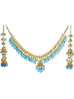 Cendre-Blue Kundan Beaded Necklace Set with Earwrap