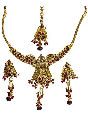 Faux Ruby Necklace Set With Earrings and Tika