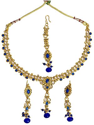 Deep-Blue Polki Necklace Set with Mang Tika