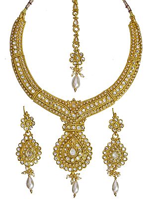 Faux Pearl Polki Necklace Set with  Earrings and Mang-Tika