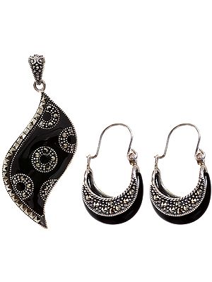 Black Hue Pendant and Earrings Set with Marcasite