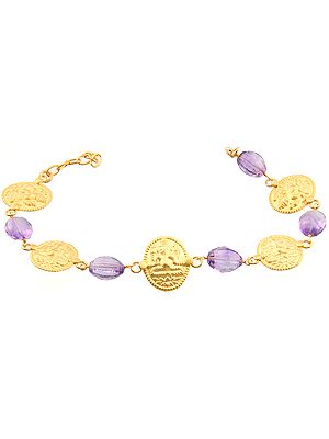Lord Ganesha Gold Plated Bracelet with Faceted Amethyst