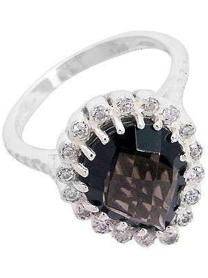 Faceted Smoky Quartz Ring with White CZ