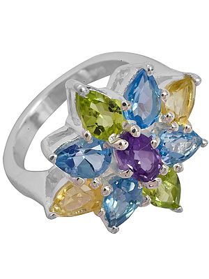 Faceted Gemstone Flower Flower Ring ( Blue Topaz, Peridot, Citrine and Amethyst)