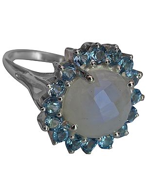 Faceted Rainbow Moonstone Ring with Blue Topaz