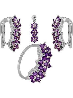 Faceted Amethyst Pendant, Earrings and Ring Set