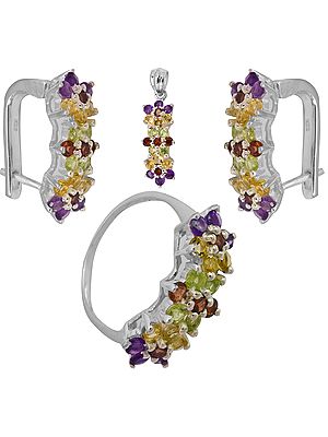 Faceted Amethyst, Citrine, Garnet and Peridot Pendant, Earrings and Ring Set