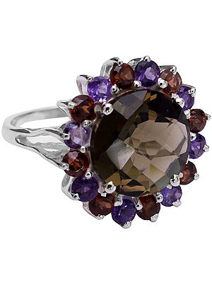 Faceted Smoky Quartz Ring with Amethyst and Garnet