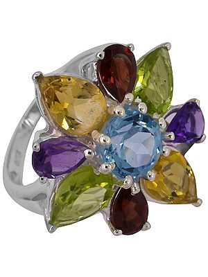 Gemstones Flower Ring (Faceted Garnet, Citrine, Peridot, Amethyst and Blue Topaz)