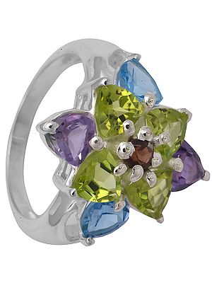 Four-Gems Ring (Faceted Amethyst, Peridot, Blue Topaz and Garnet)