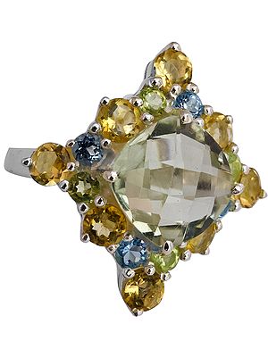 Faceted Gemstone Ring (Prehnite, Citrine, Blue Topaz and Peridot)
