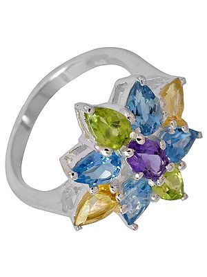 Faceted Gemstone Flower Ring (Blue Topaz, Peridot, Citrine and Amethyst)