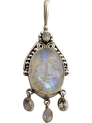 Laughing Buddha Face Pendant (Carved in Rainbow Moonstone)