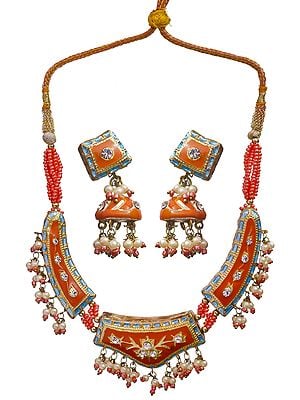 Orange Mughal Necklace Set  with cut Glass and Golden Accent