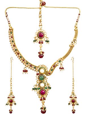 Faux Emerald and Ruby Necklace Set with Mang Tika