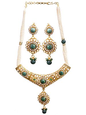 Faux Pearl Polki Necklace Set with Earrings