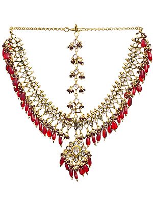 Red Kundan Necklace with Mang Tika