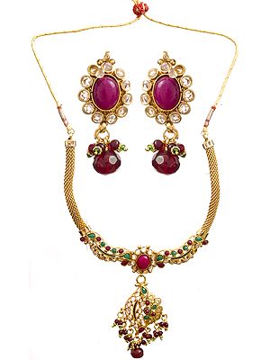 Faux Ruby and Emerald Polki Necklace and Earrings