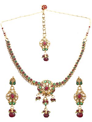 Faux Ruby and Emerald Necklace Set with Mang Tika