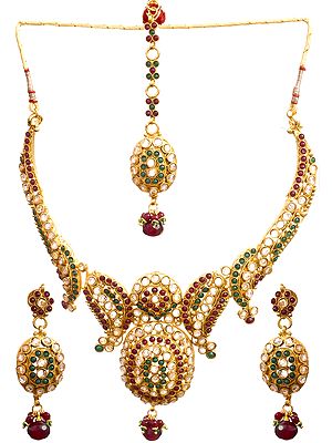Polki Necklace Set with Faux Ruby and Emerald