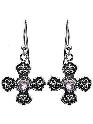 Sterling Victorian Cross Earrings with Faceted Blue Topaz