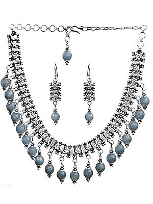Faceted Blue Chalcedony Necklace with Earrings Set