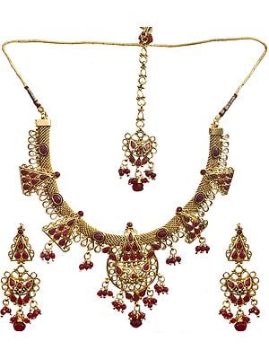 Faux Ruby Necklace With Earrings Set and Mang Tika