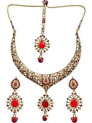 Red-Color Polki Necklace Set with Mang Tiks