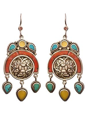 Lotus  Earrings from Nepal with Amber, Coral and Turquoise