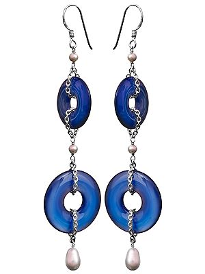 Blue Chalcedony Donut Earrings with Pearl